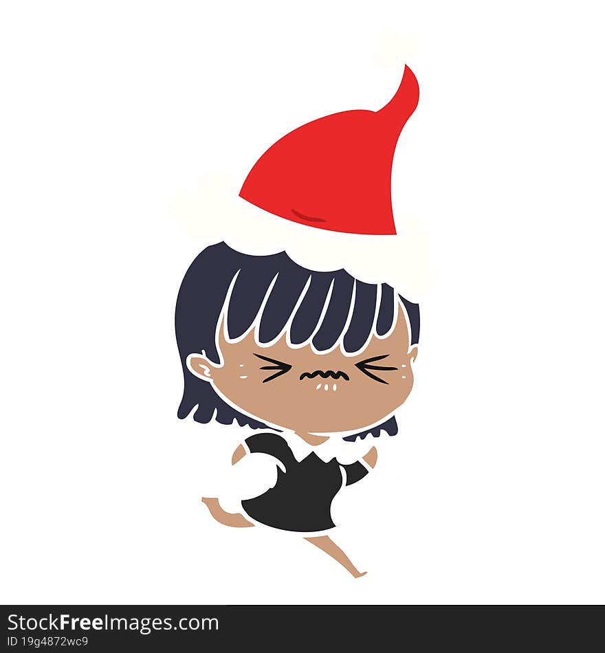 annoyed flat color illustration of a girl wearing santa hat