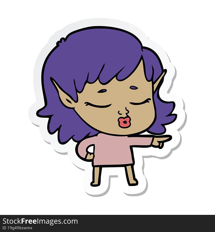 sticker of a pretty cartoon elf girl pointing