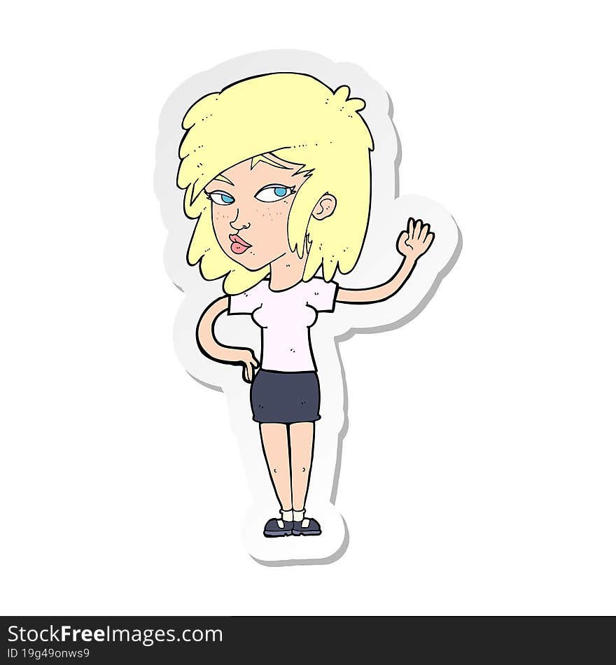 Sticker Of A Cartoon Pretty Woman Waving