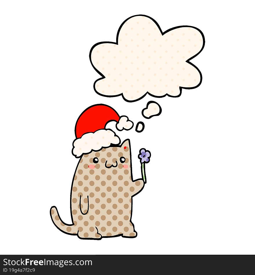 cute cartoon christmas cat and thought bubble in comic book style