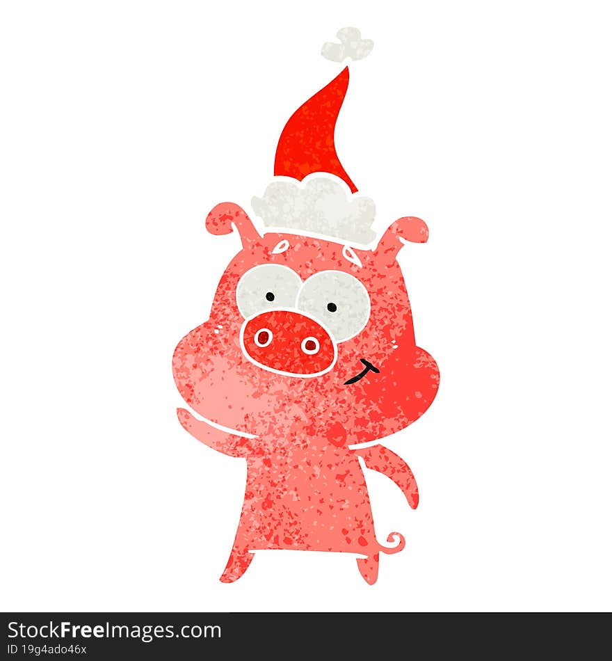 happy retro cartoon of a pig wearing santa hat