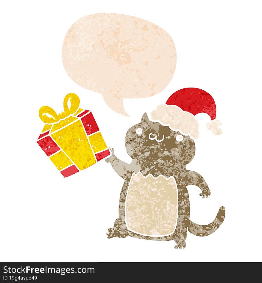 cute cartoon christmas cat with speech bubble in grunge distressed retro textured style. cute cartoon christmas cat with speech bubble in grunge distressed retro textured style