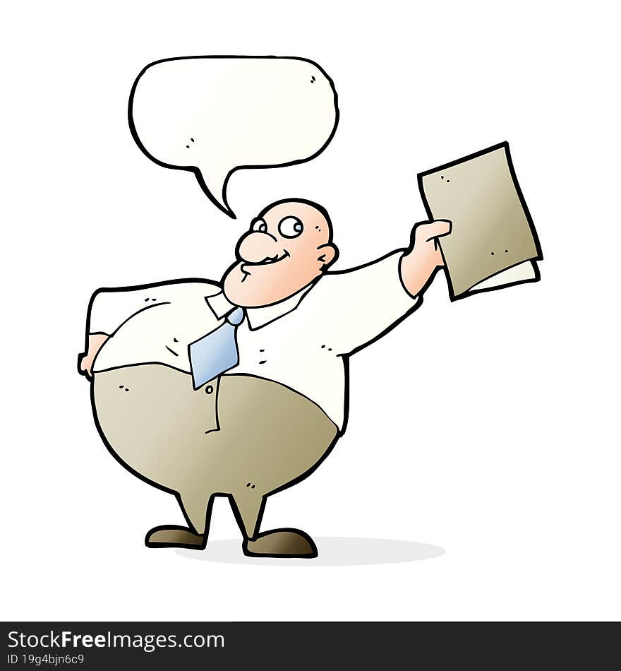 Cartoon Happy Boss With File With Speech Bubble