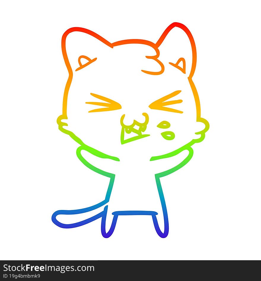 rainbow gradient line drawing of a cartoon cat hissing