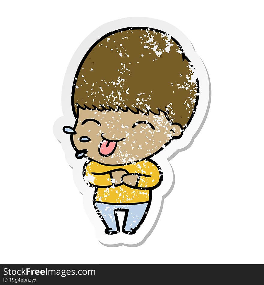 distressed sticker of a cartoon boy sticking out tongue