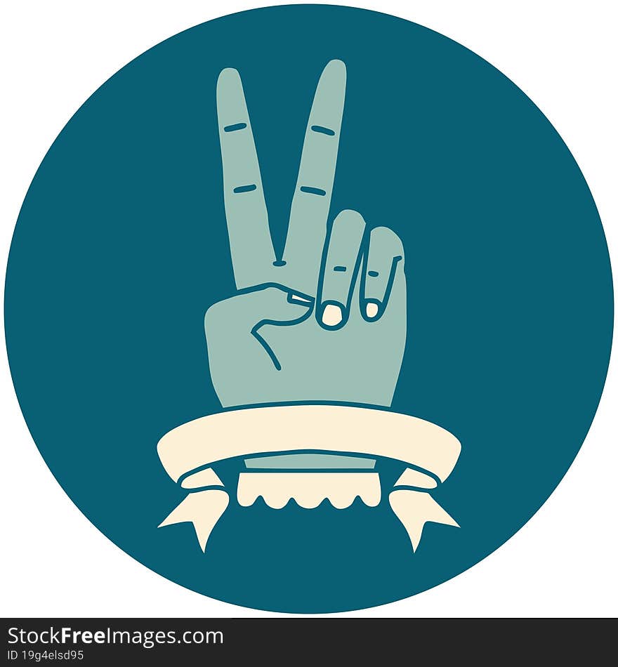 icon of peace two finger hand gesture with banner. icon of peace two finger hand gesture with banner