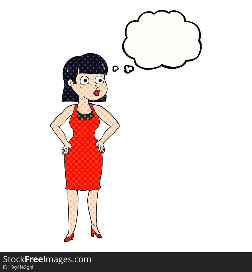 thought bubble cartoon woman in dress with hands on hips