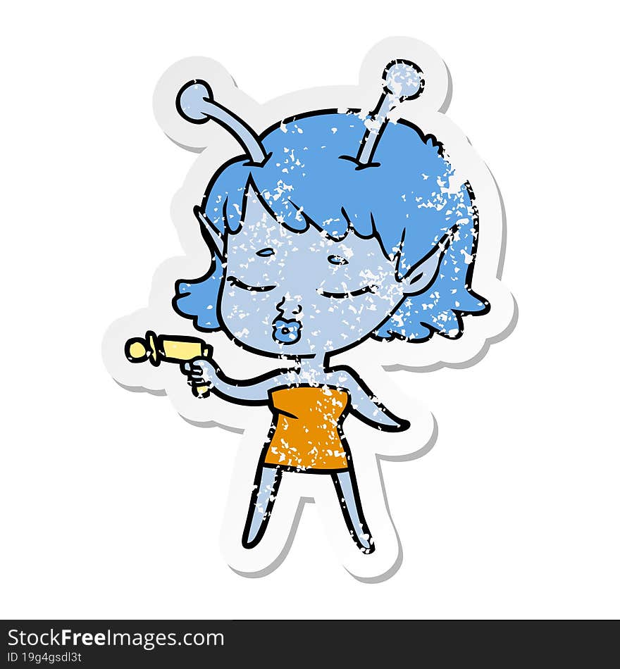 distressed sticker of a cute alien girl cartoon