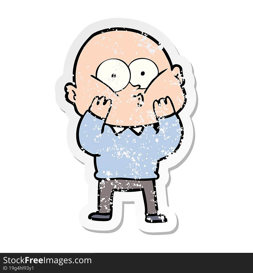 distressed sticker of a cartoon bald man staring