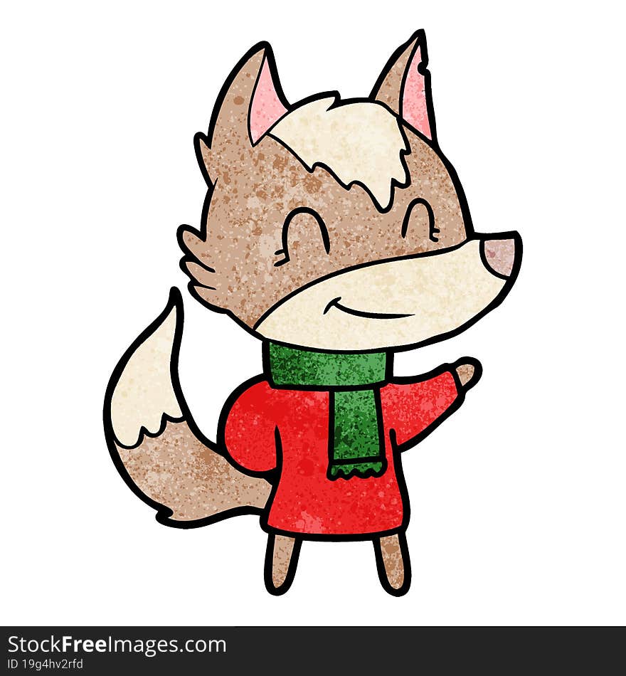 friendly cartoon wolf in winter clothes. friendly cartoon wolf in winter clothes