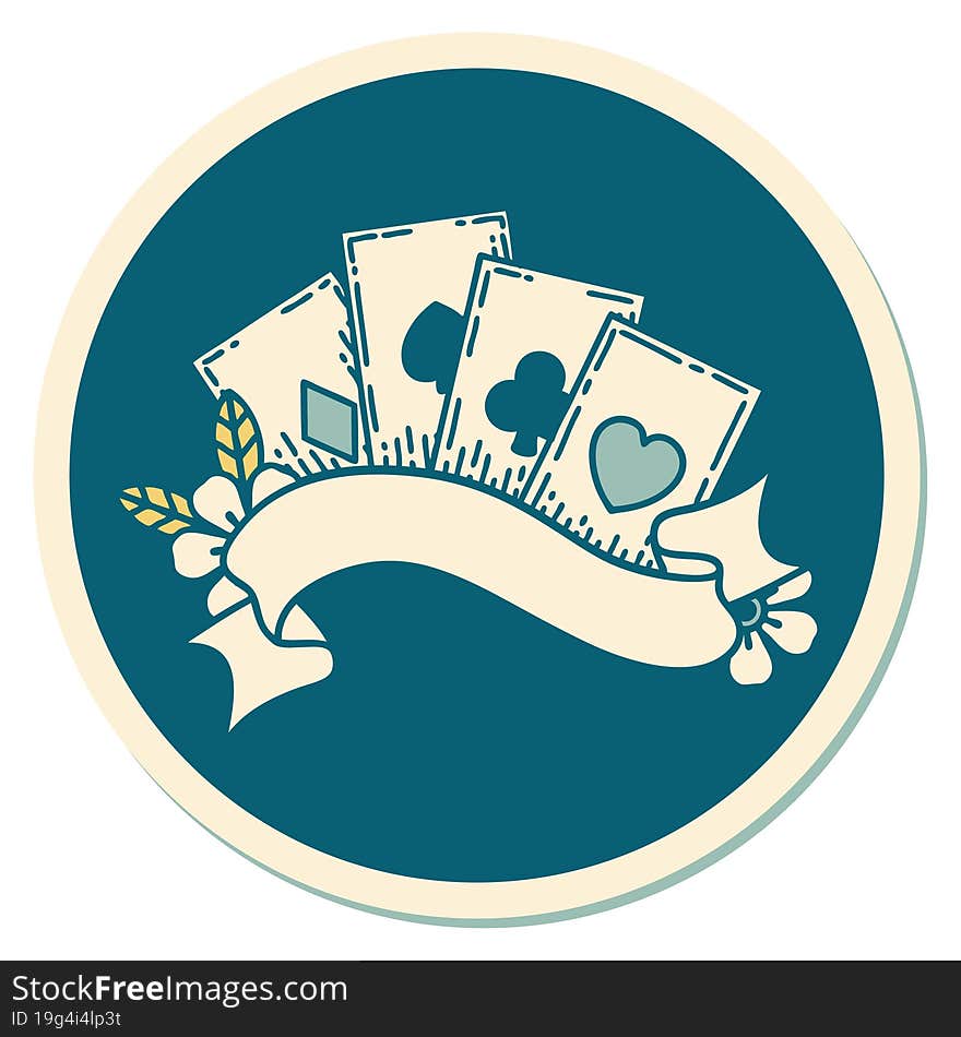 Tattoo Style Sticker Of Cards And Banner