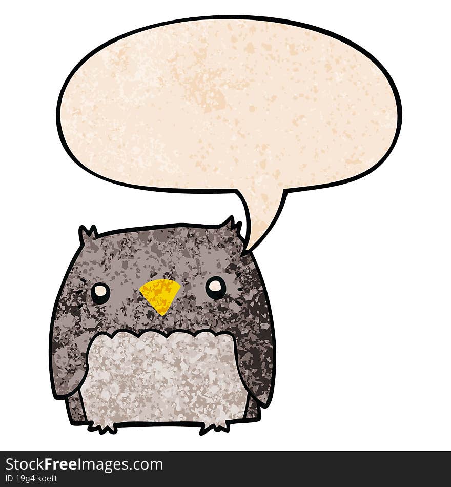 Cute Cartoon Owl And Speech Bubble In Retro Texture Style