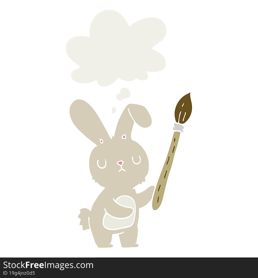 cartoon rabbit with paint brush and thought bubble in retro style