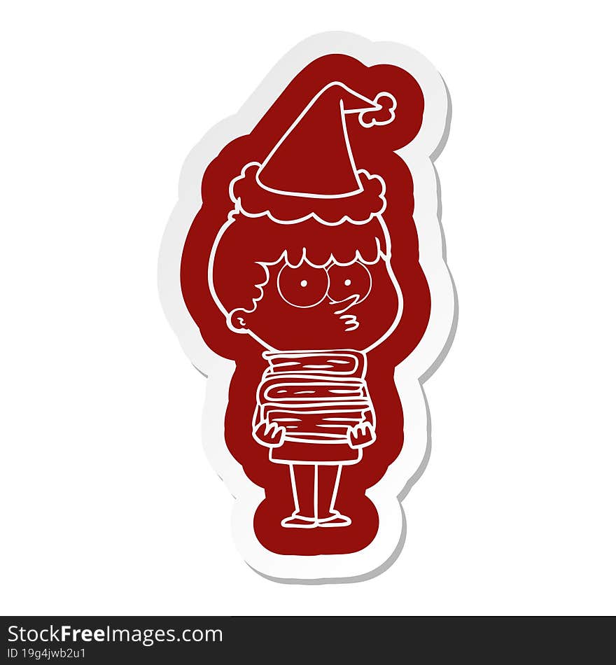 Cartoon  Sticker Of A Curious Boy With Lots Of Books Wearing Santa Hat