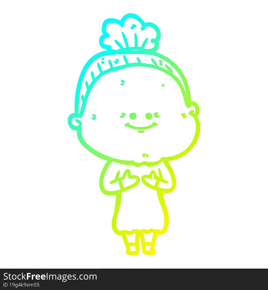 cold gradient line drawing of a cartoon happy old woman