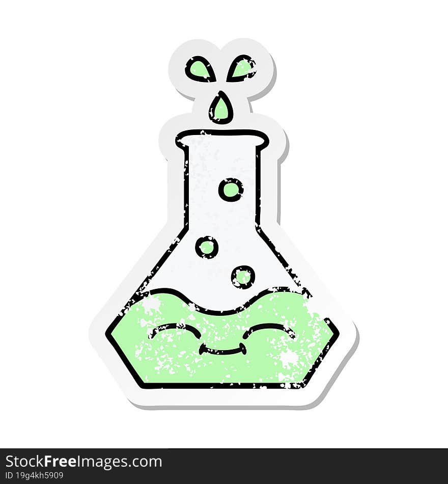 distressed sticker of a cute cartoon science beaker