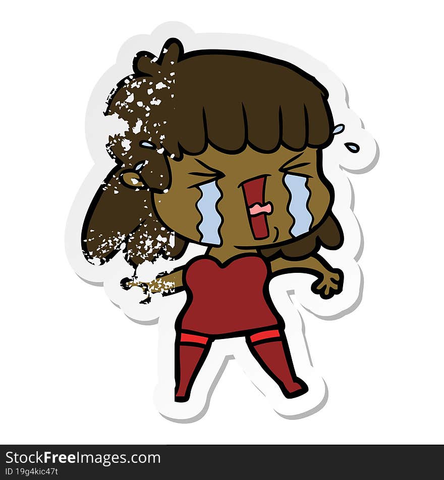 Distressed Sticker Of A Cartoon Woman In Tears