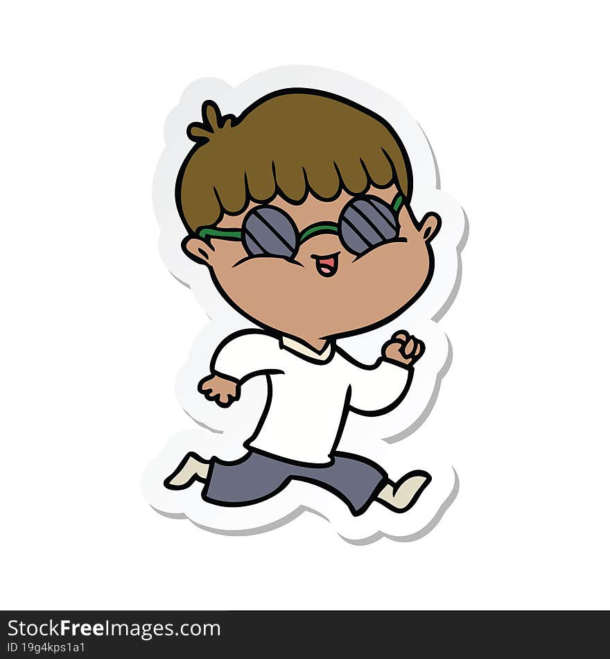 sticker of a cartoon boy wearing sunglasses and running