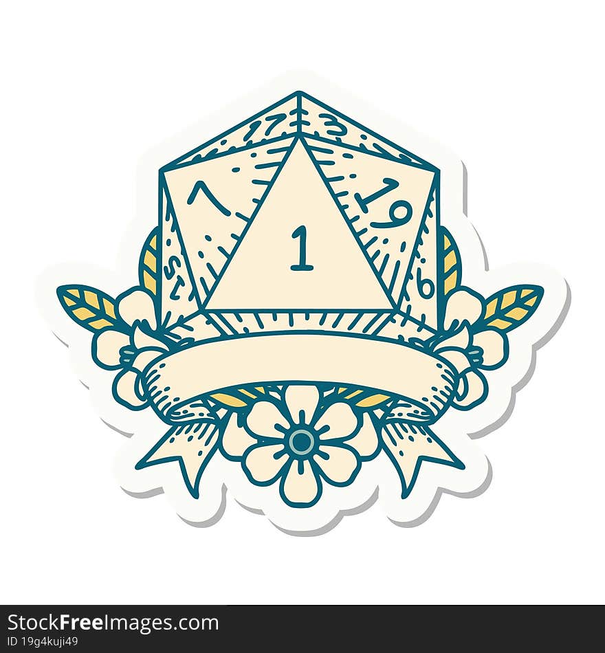 sticker of a natural one d20 dice roll. sticker of a natural one d20 dice roll