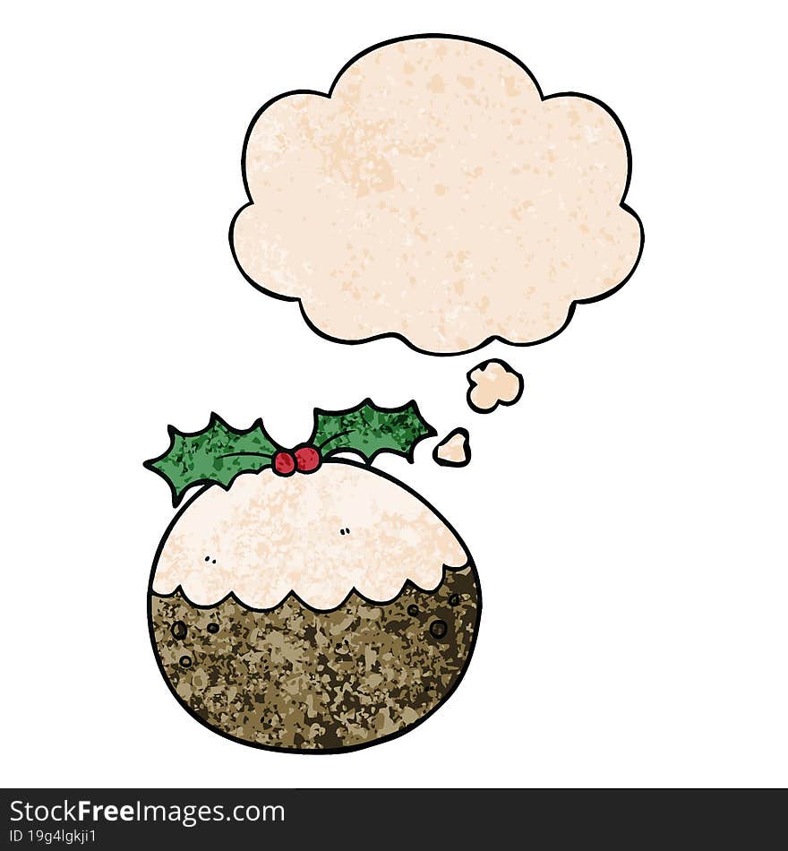 cartoon christmas pudding and thought bubble in grunge texture pattern style