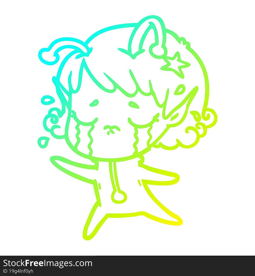 cold gradient line drawing cartoon crying alien girl