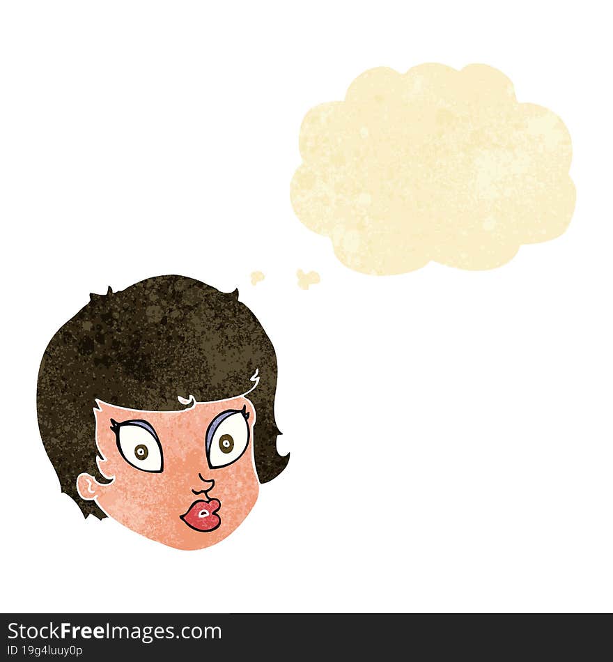 cartoon surprised female face with thought bubble