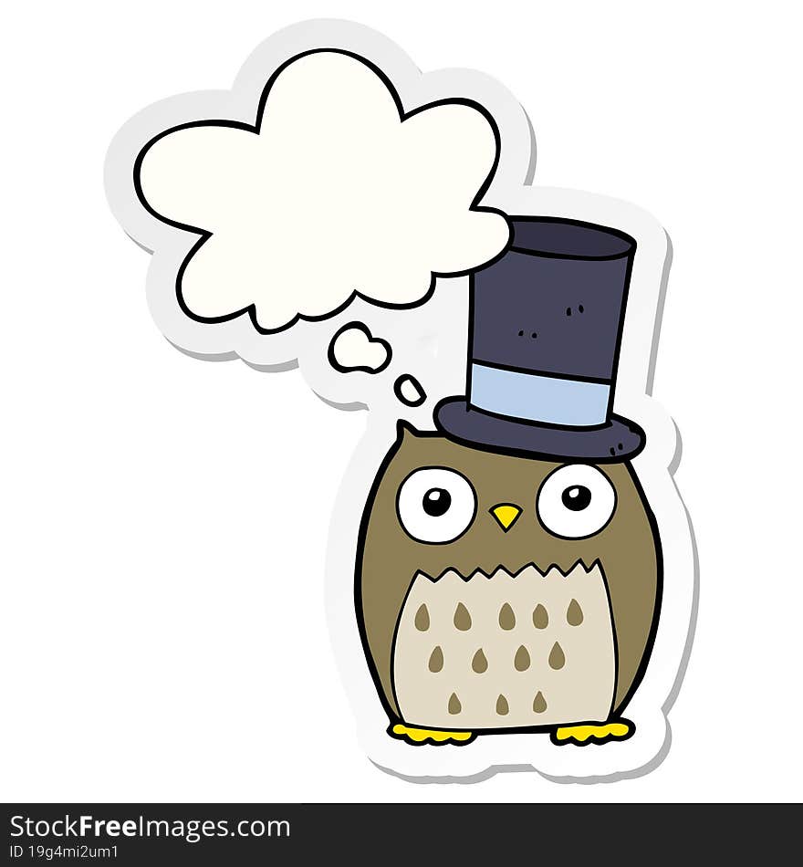 cartoon owl wearing top hat and thought bubble as a printed sticker