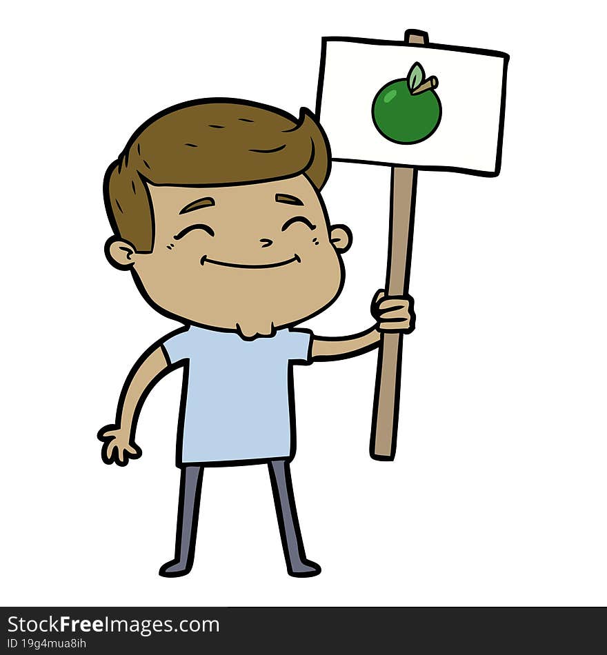 happy cartoon man with apple placard. happy cartoon man with apple placard