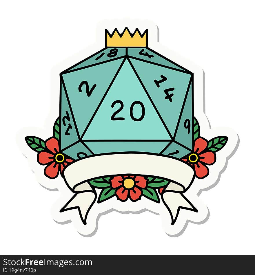 sticker of a natural 20 critical hit D20 dice roll. sticker of a natural 20 critical hit D20 dice roll