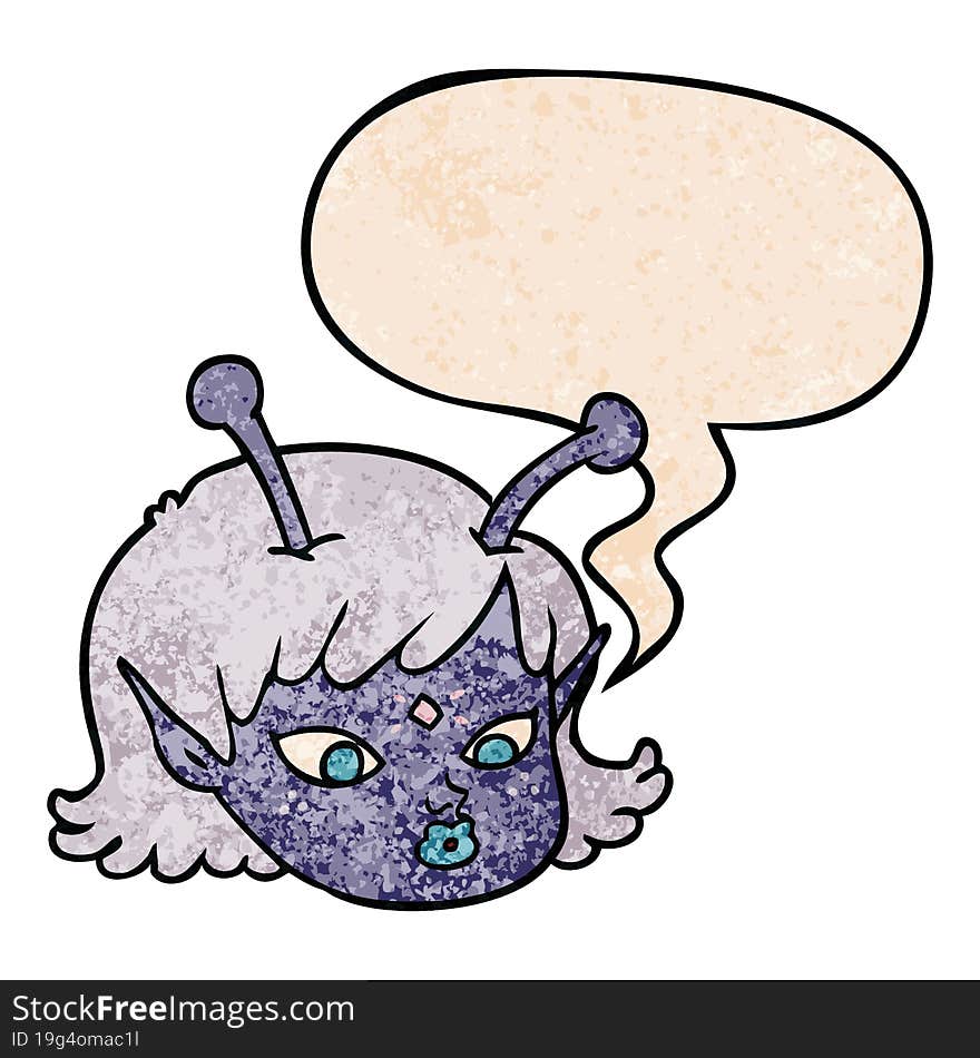 cartoon alien space girl face with speech bubble in retro texture style