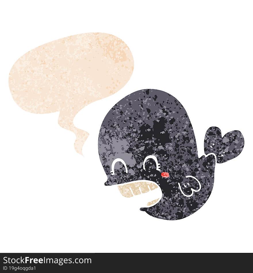 cartoon whale and speech bubble in retro textured style