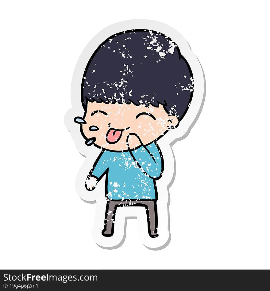 distressed sticker of a happy cartoon boy