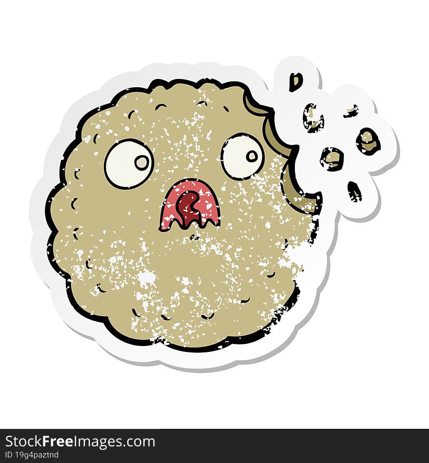 distressed sticker of a frightened cookie cartoon