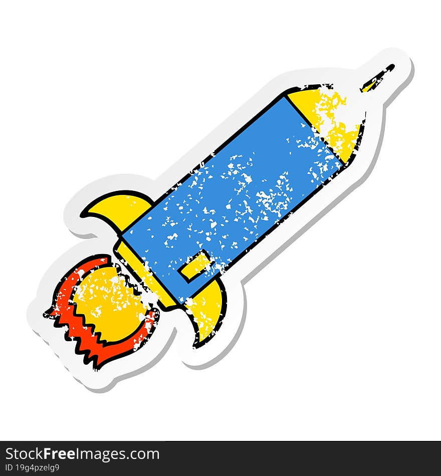 distressed sticker of a cartoon rocket