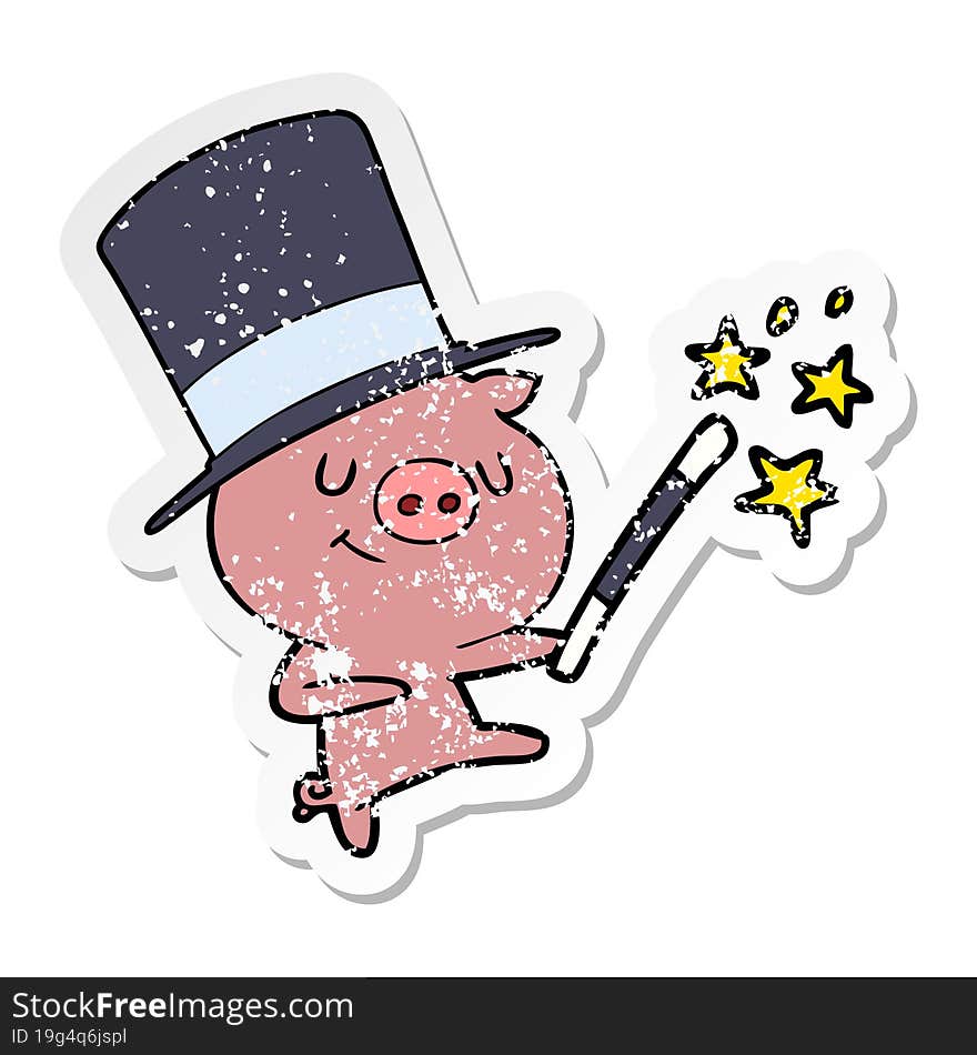 distressed sticker of a happy cartoon pig magician