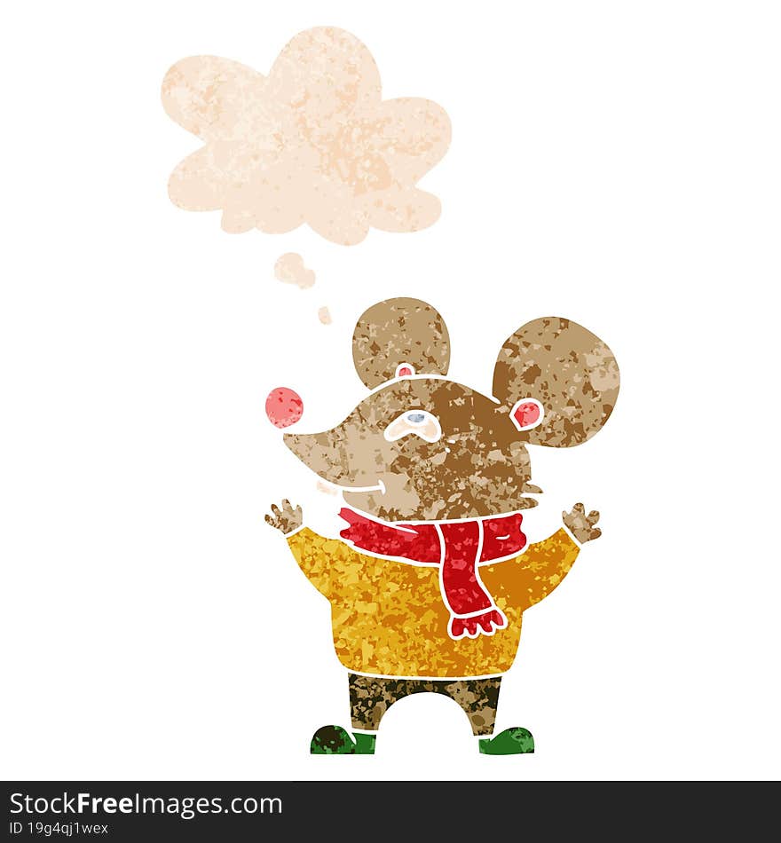 cartoon mouse wearing scarf and thought bubble in retro textured style