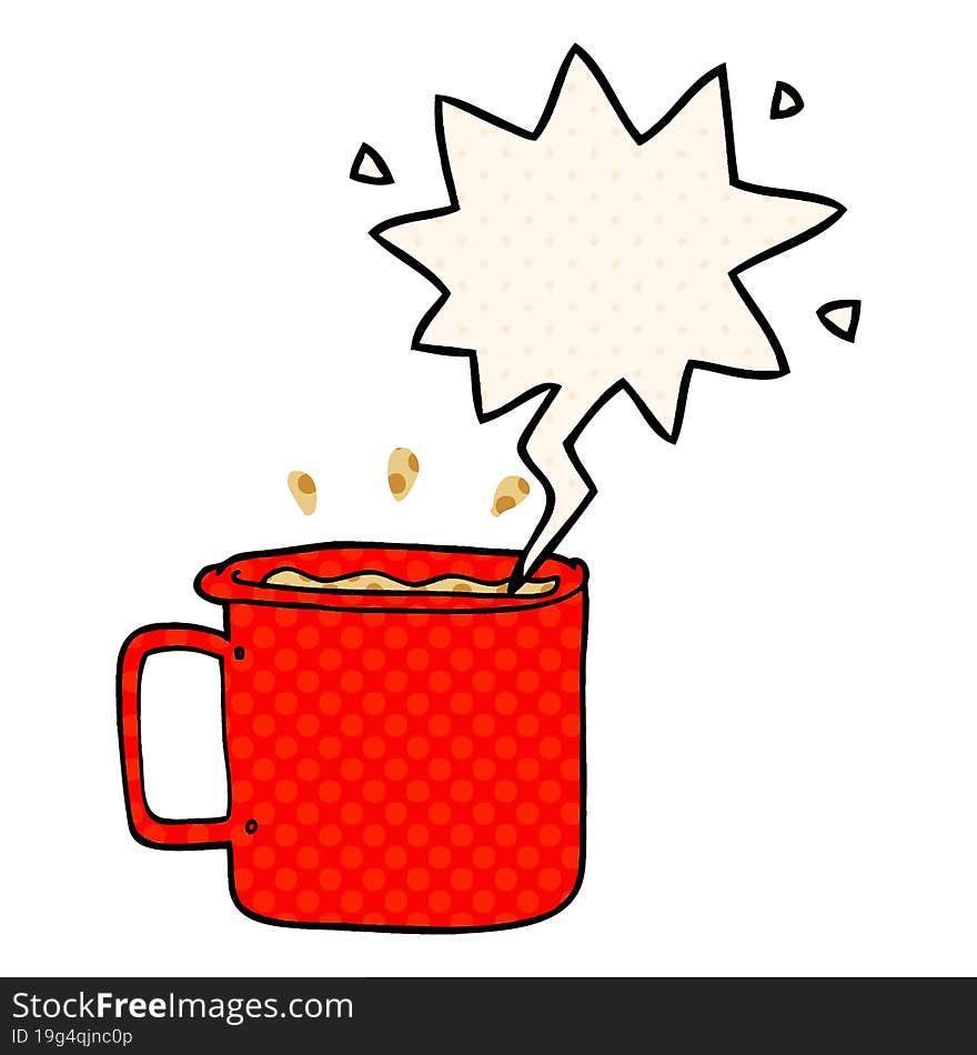cartoon camping cup of coffee with speech bubble in comic book style