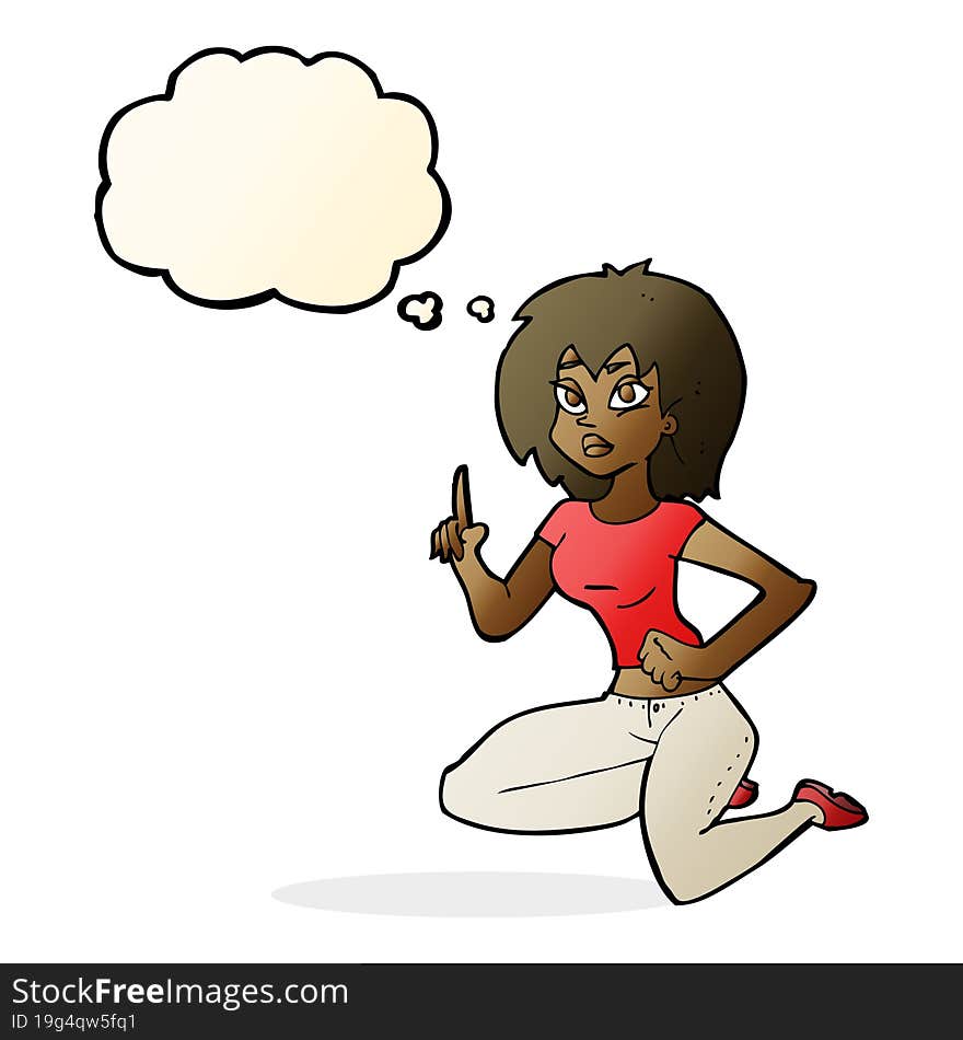 cartoon sitting woman with idea with thought bubble