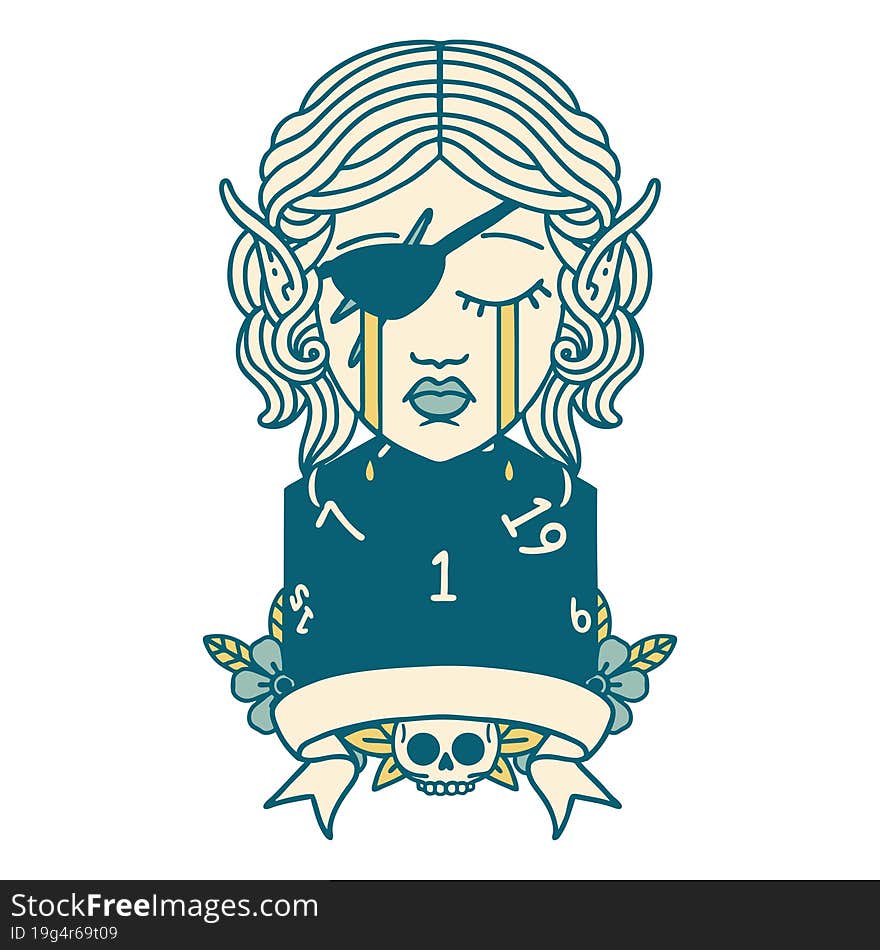 Retro Tattoo Style crying elf rogue character with natural one D20 roll. Retro Tattoo Style crying elf rogue character with natural one D20 roll