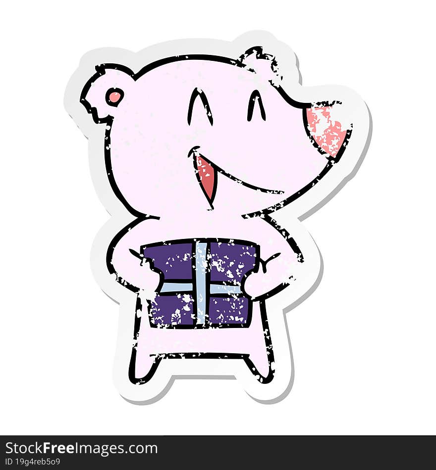 distressed sticker of a cartppm bear with present