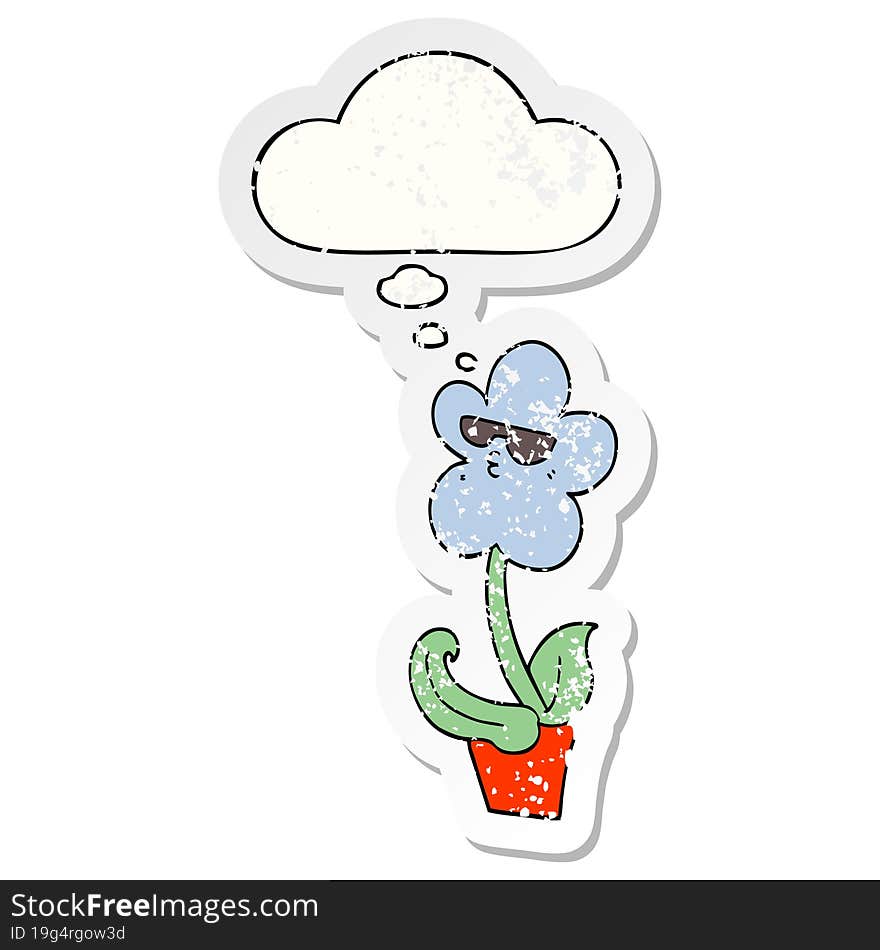 cool cartoon flower with thought bubble as a distressed worn sticker