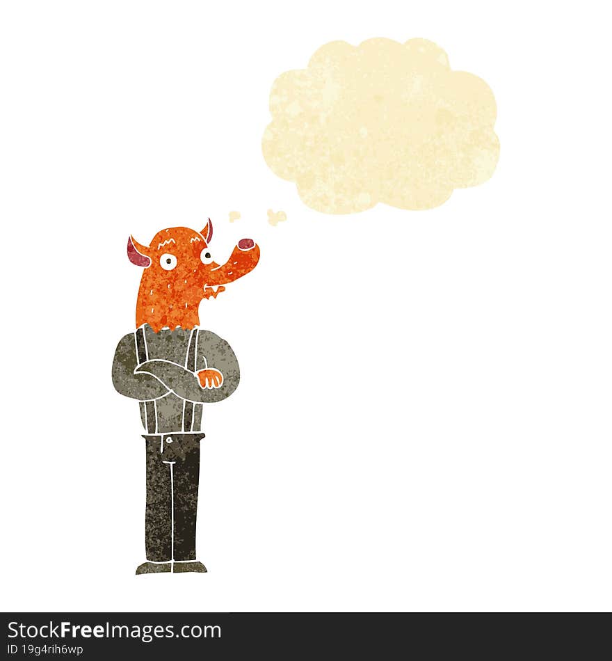 cartoon man with fox head with thought bubble