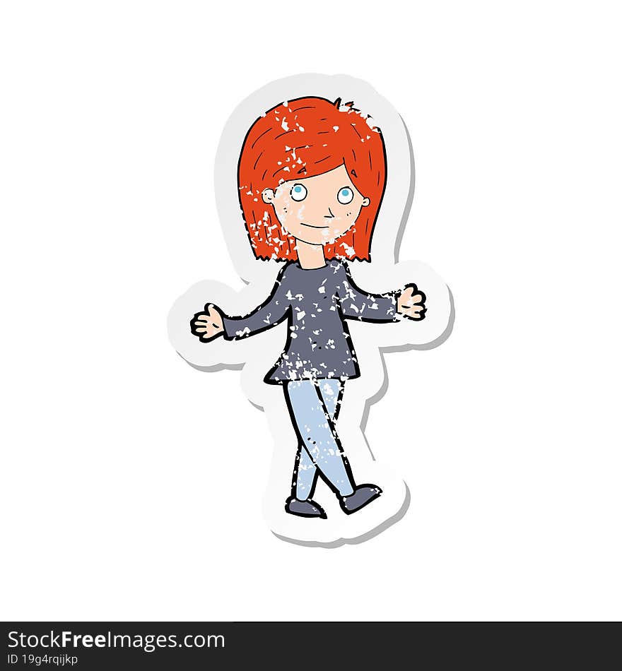 retro distressed sticker of a cartoon woman with no worries