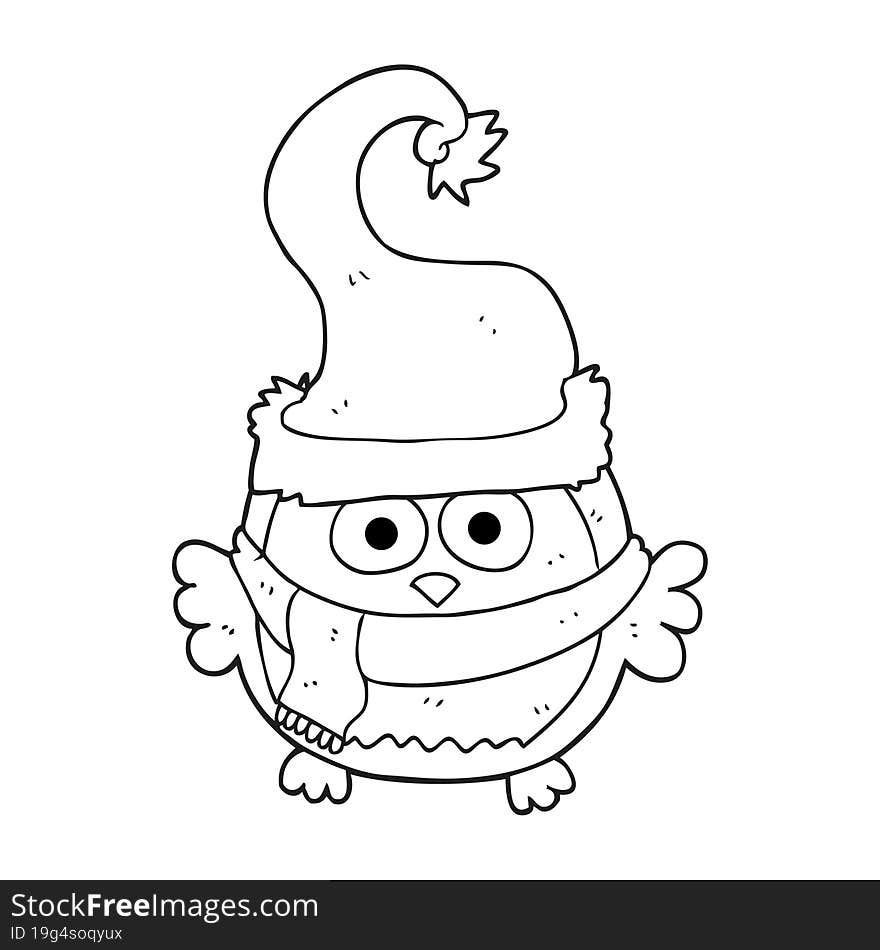 Black And White Cartoon Owl Wearing Christmas Hat