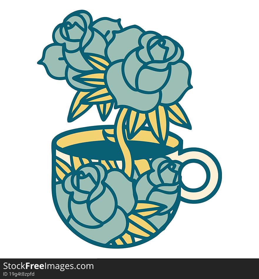 tattoo style icon of a cup and flowers