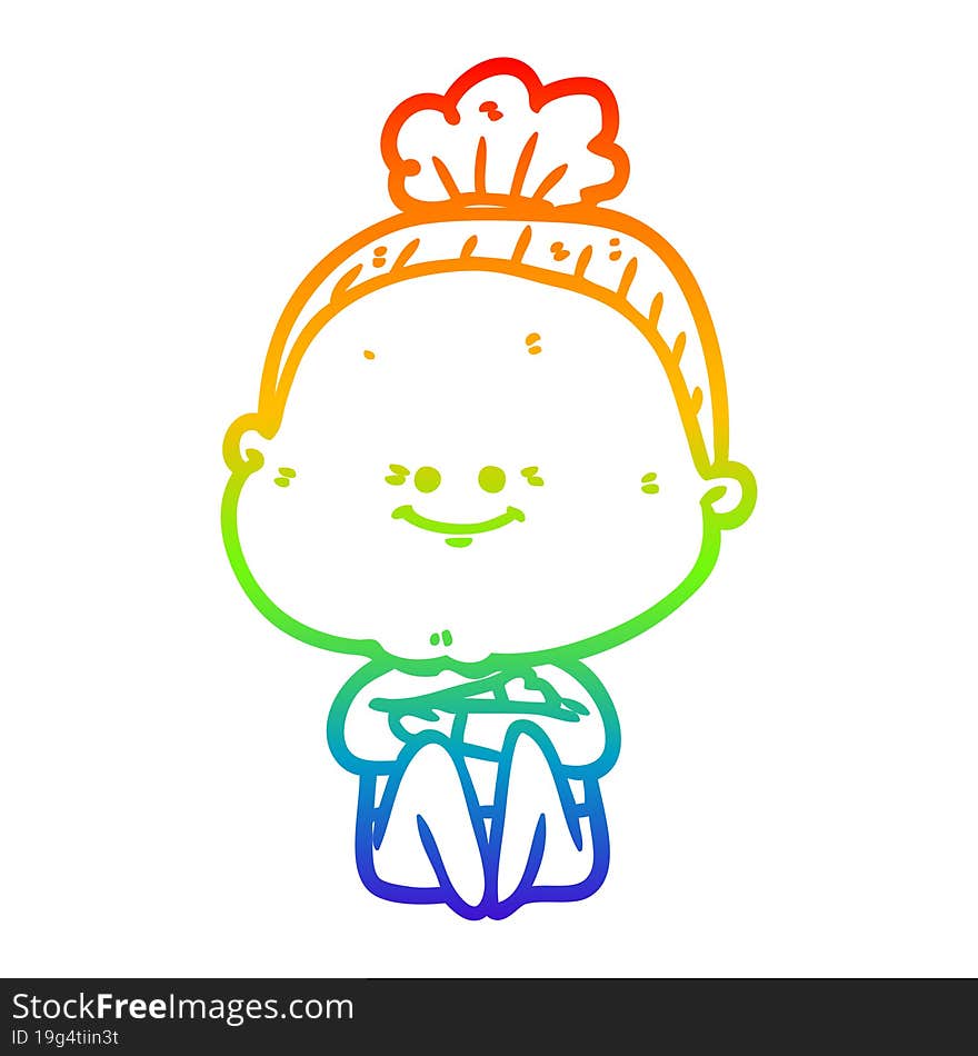 rainbow gradient line drawing of a cartoon happy old woman