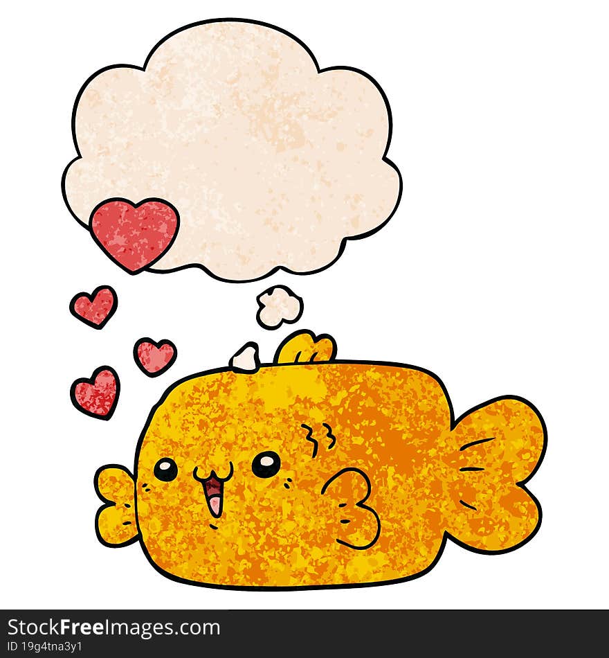 cute cartoon fish with love hearts with thought bubble in grunge texture style. cute cartoon fish with love hearts with thought bubble in grunge texture style