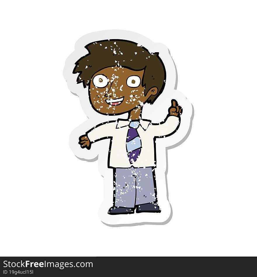 retro distressed sticker of a cartoon school boy with idea