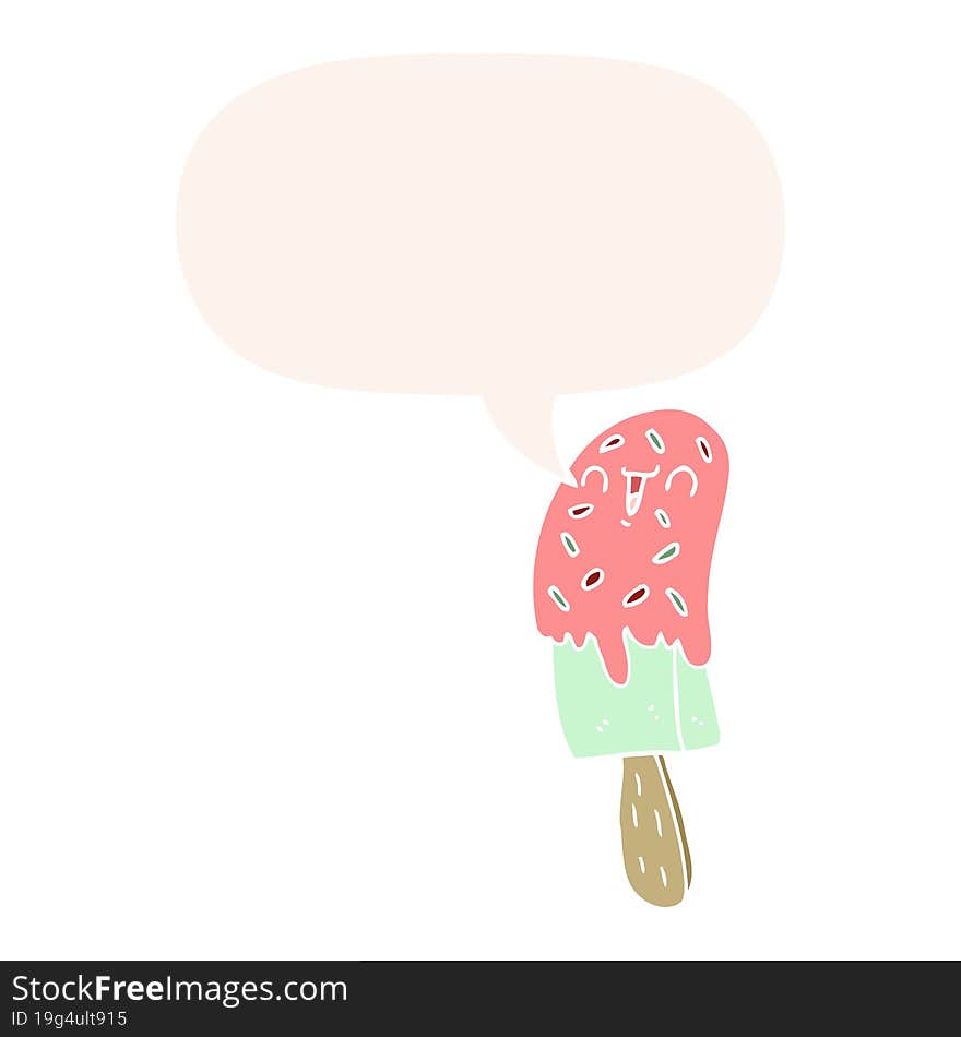 cartoon ice lolly with speech bubble in retro style