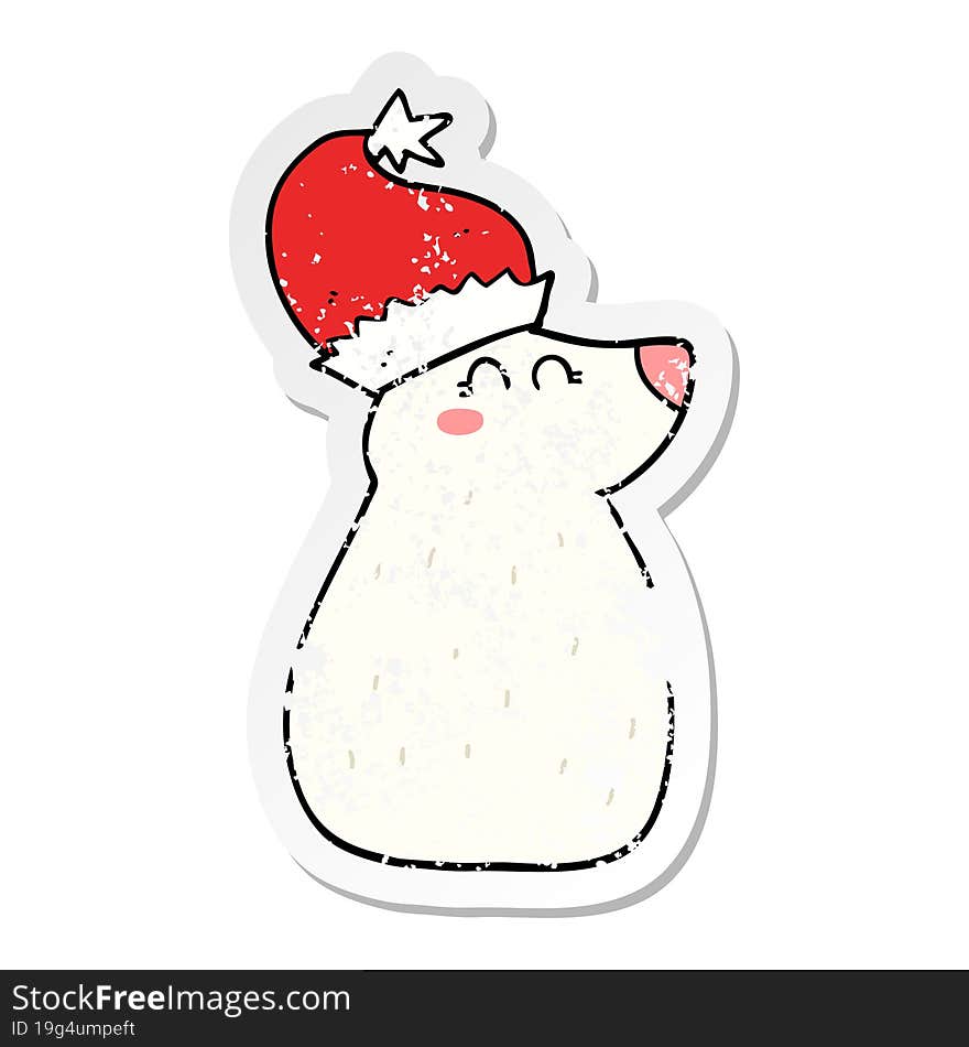 Distressed Sticker Of A Cartoon Bear Wearing Christmas Hat